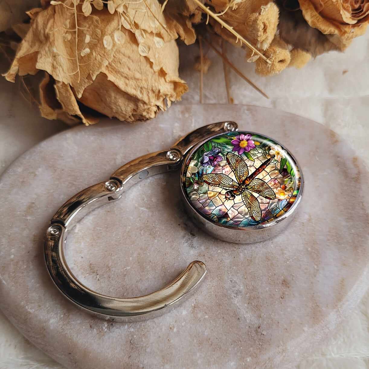 Portable Handbag Hook for Tables with Dragonfly Design Metal Bag Holder for Women