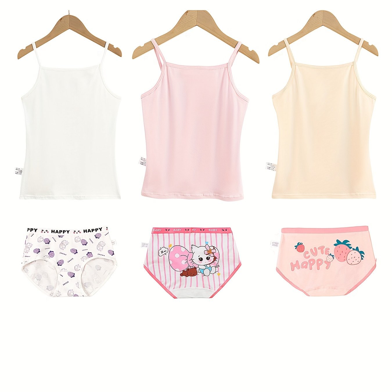 Girls Cotton Underwear Set 3-Piece Cartoon Tank Tops and Briefs All-Season Breathable Comfort