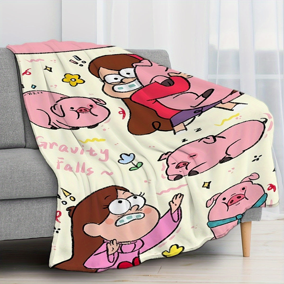 Knitted Throw Blanket with Gravity Falls Pig and Girl Print for All-Season Home Decor