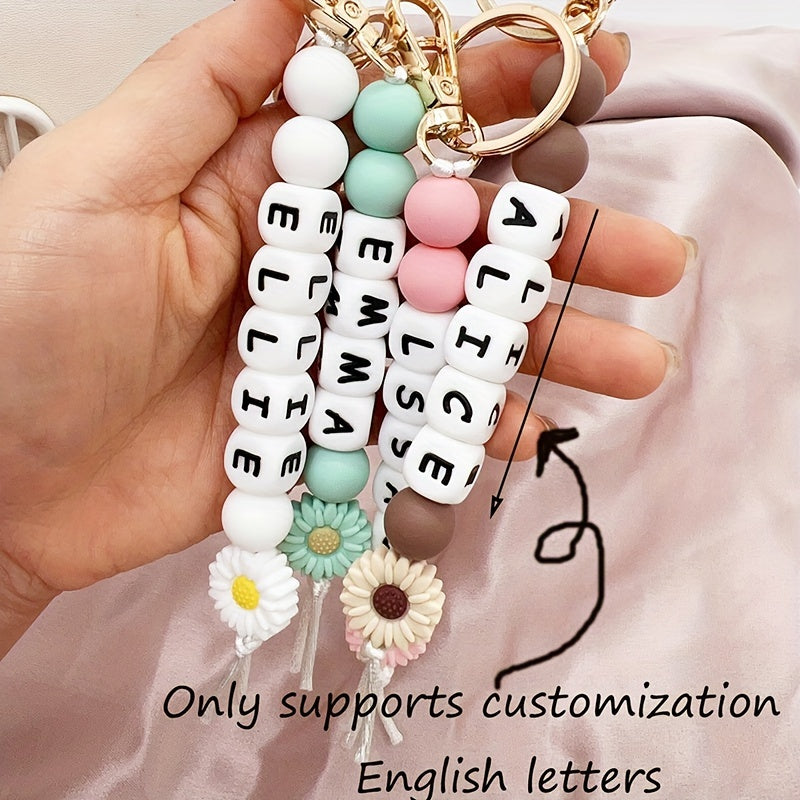 Personalized Name Keychain with Daisy Silicone Bead and Letters for Backpacks and Gifts