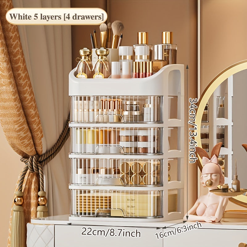 Go'zal plastik saqlash qutisi, makiyaj, zargarlik buyumlari va ish stoli buyumlari uchun tortmalar bilan. Suv o'tkazmaydigan va Rojdestvo, Sevgi kuni va Xitoy Yangi yili kabi bayramlarda sovg'a berish uchun mukammal.