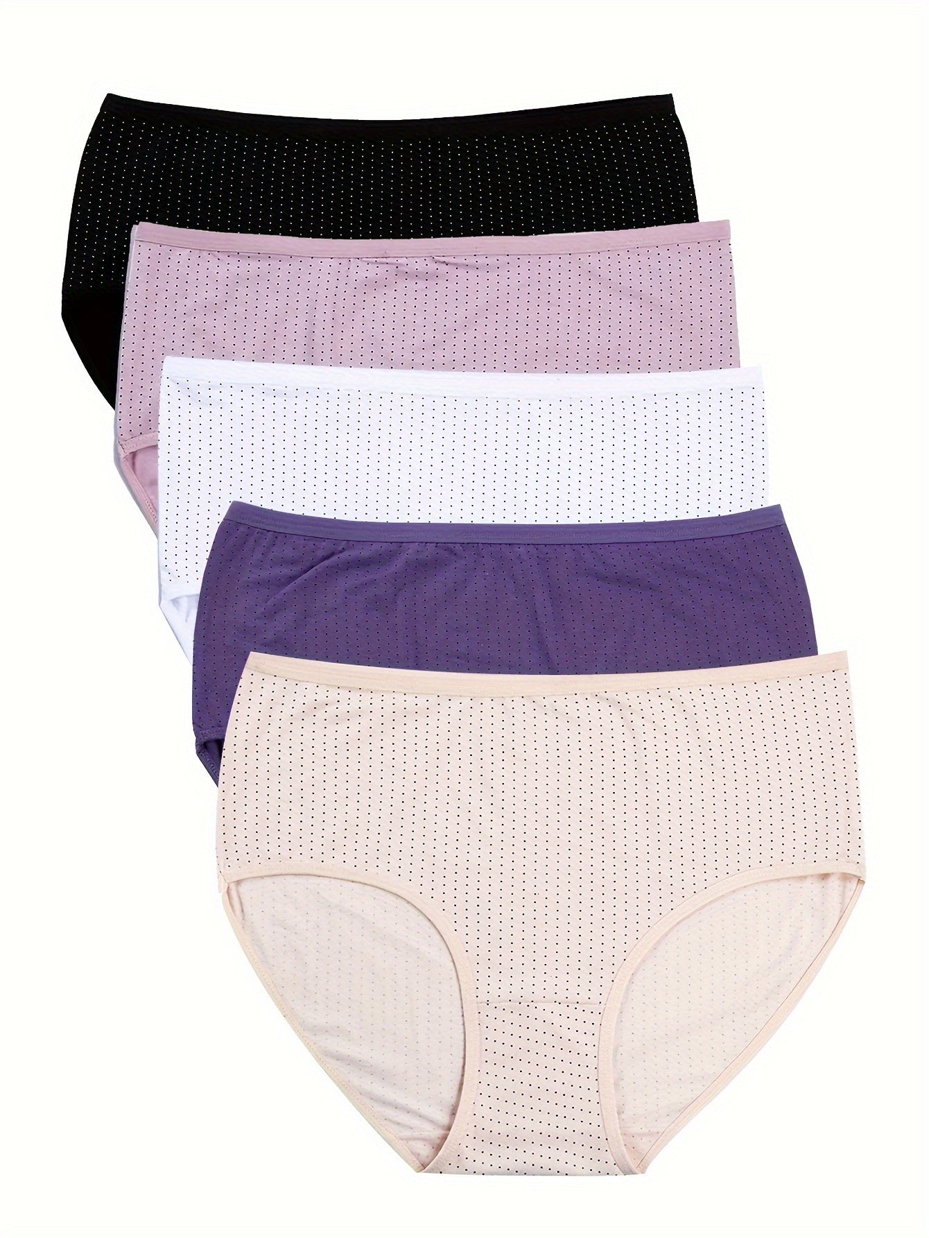 Plus Size Women's Mid-Waist Polka Dot Cotton Briefs Set of 5 Breathable Comfortable