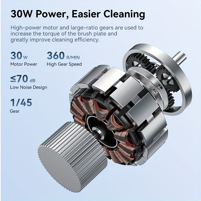 SUNUO Electric Spin Scrubber turli xil tozalash uchun 9 ta cho'tka boshiga ega. Ushbu simsiz pol va plitka tozalagich to'liq tozalash uchun 360° aylanish imkoniyatiga ega va uzaytiriladigan tutqich yuqori yoki past joylarga erishishni osonlashtiradi. USB