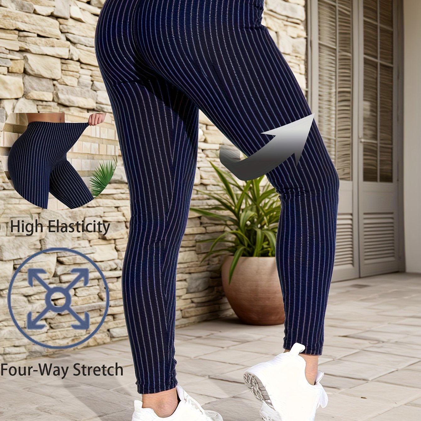 Women's Plus Size High-Waisted Striped Yoga Leggings Stretchy Knit Black Blue