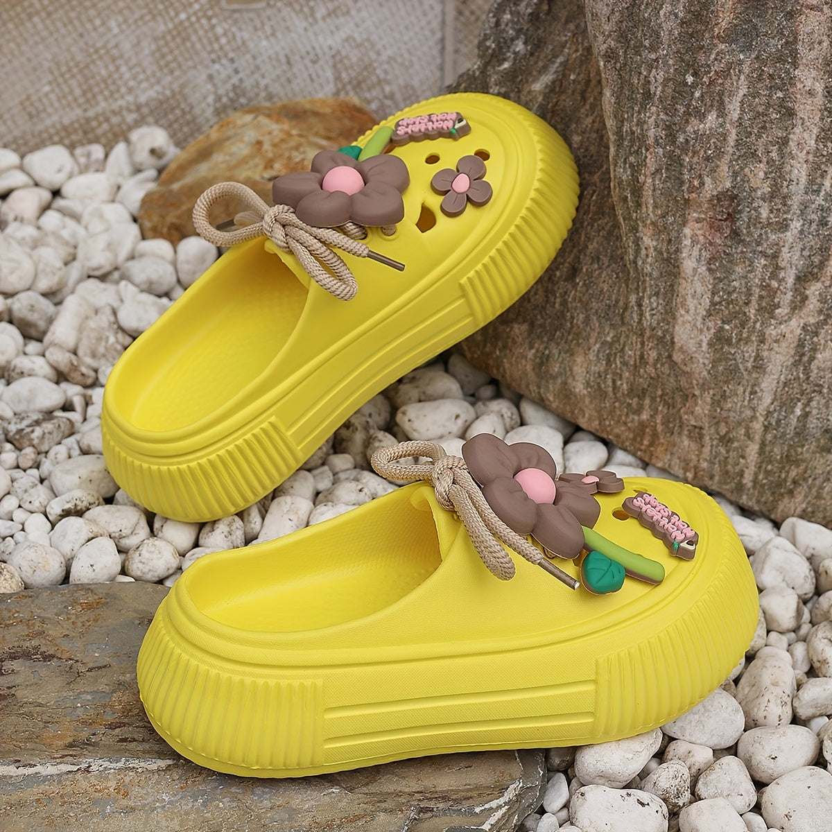 Women's Casual Flower Pattern EVA Mules, Sunflower Design, Flat Heel