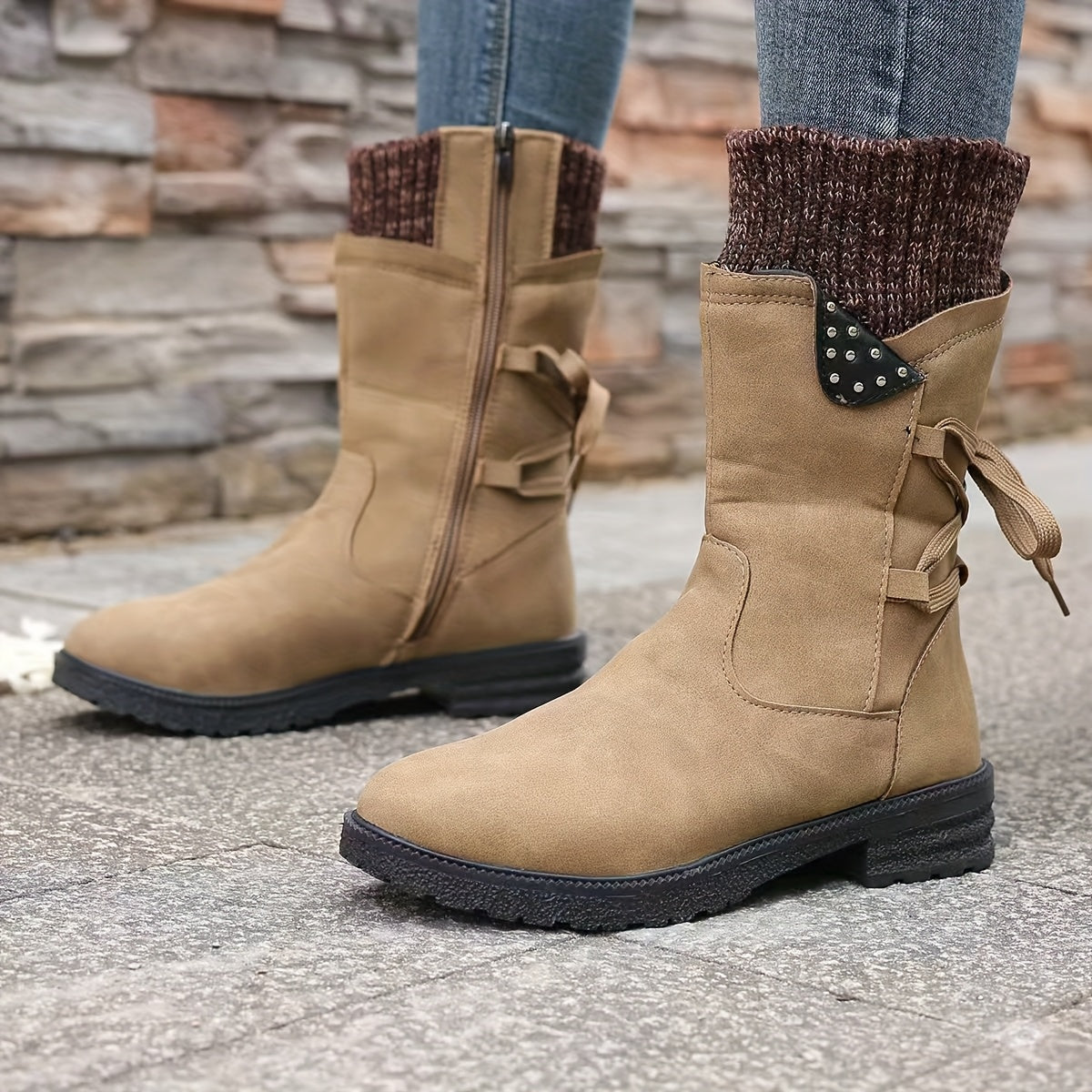Women's Mid-Calf Boots with Knit Cuff Zippered Round Toe Block Heel