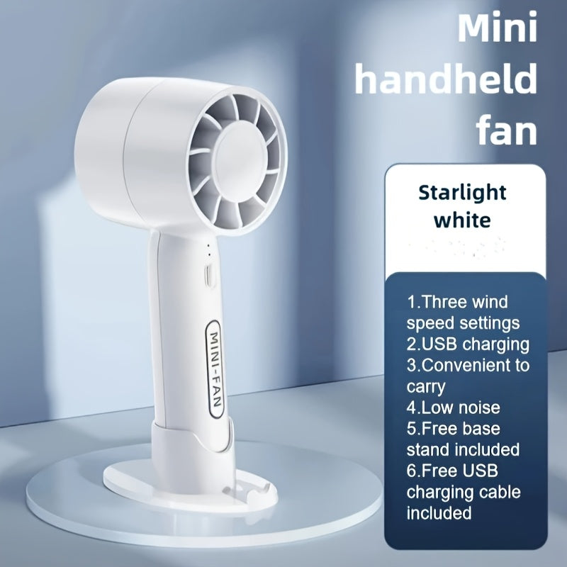 Portable USB Fan Small White Rechargeable with 3 Speed Settings and Stand