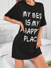Women's Casual Sleepwear Dress with Slogan Print Short Sleeves Round Neck Nightgown