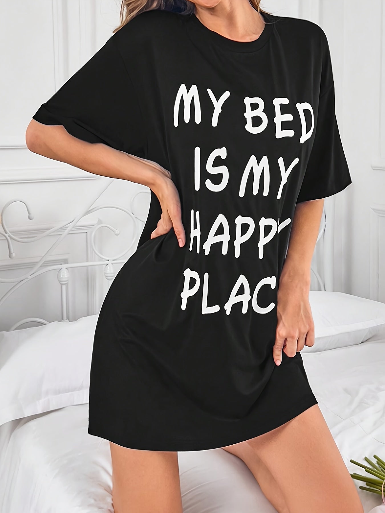 Women's Casual Sleepwear Dress with Slogan Print Short Sleeves Round Neck Nightgown