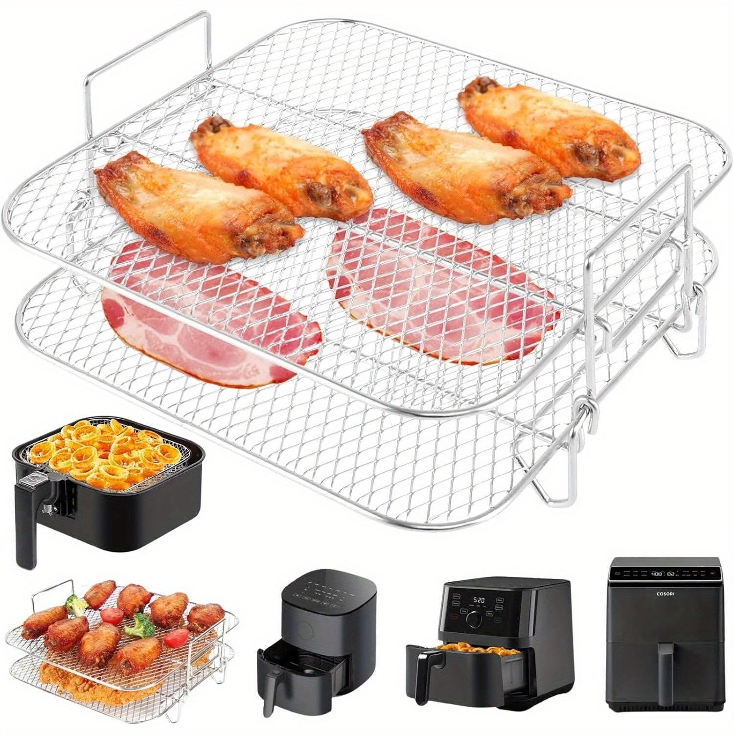 304 Stainless Steel Double Layer Air Fryer Rack for 7.5L-8L Square Air Fryers