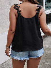 Plus Size Women's Sleeveless V-Neck Top with Lace Applique Black Casual Blouse