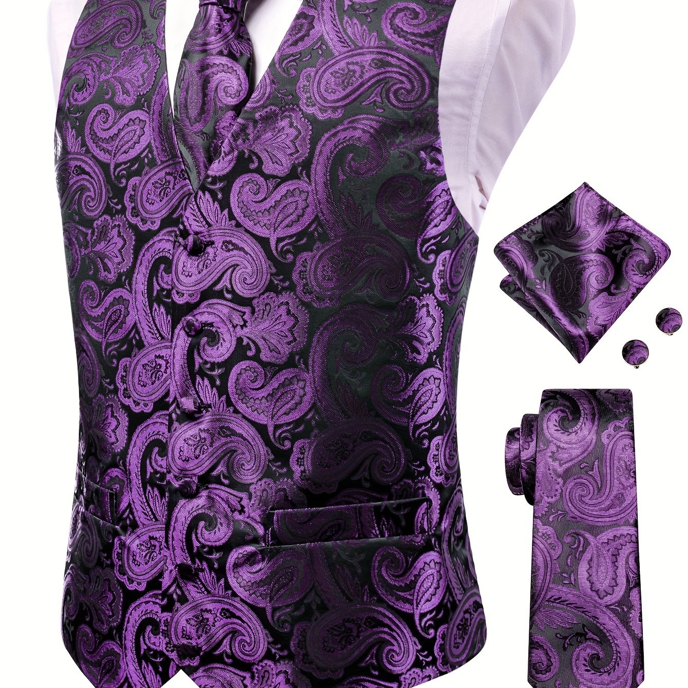 Men's Large Size White Paisley Pattern Accessories Set Waistcoat Necktie Hanky Cufflinks