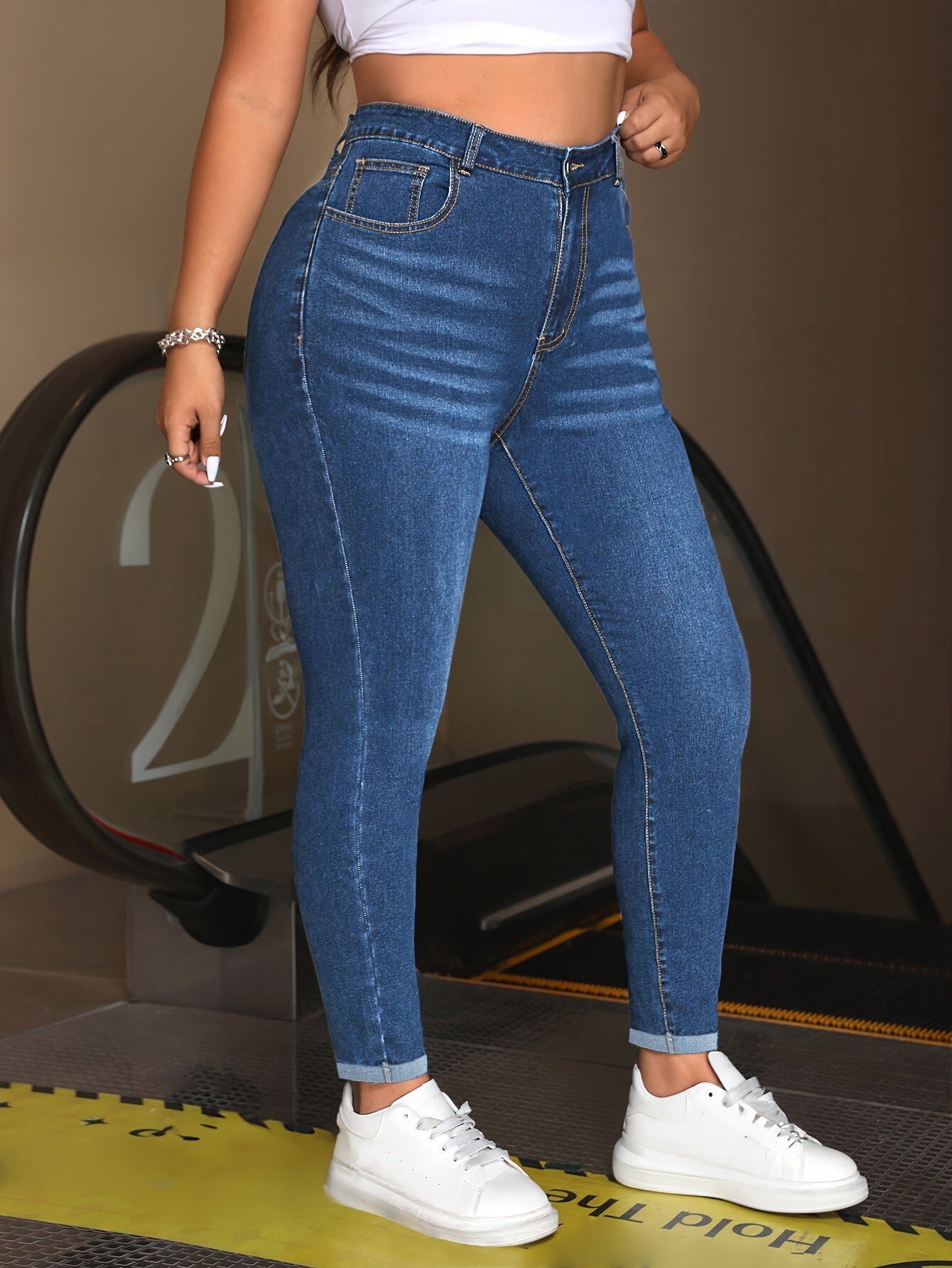 Women Plus Size Skinny Jeans High Stretch Cotton Blend Solid Color