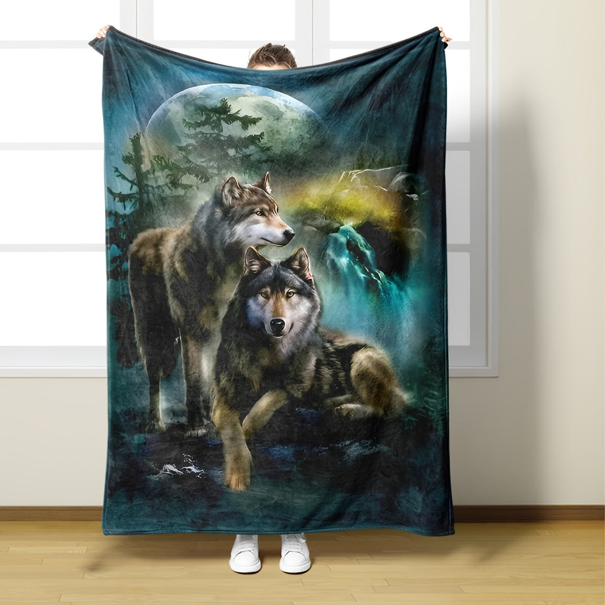Glam Wolf Moon Green Plush Throw Blanket Hypoallergenic Fleece All-Season