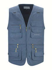 Men's Cotton Polyester Cargo Vest with Multiple Pockets for Outdoor Activities