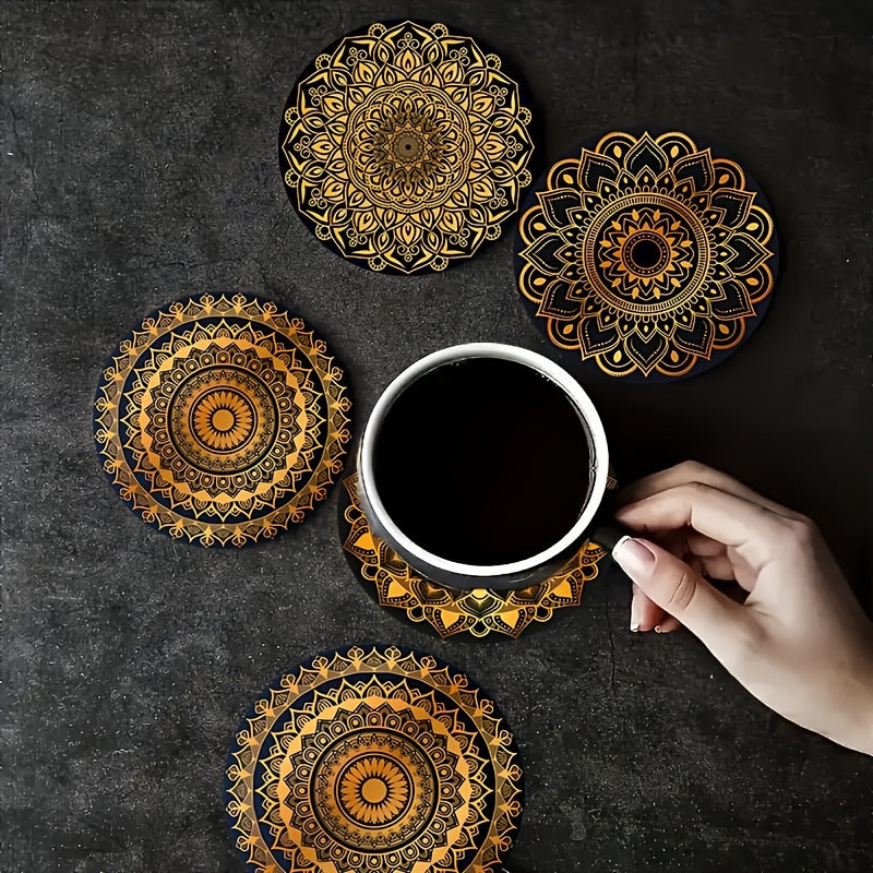 Golden Mandala Coaster Set with Intricate Design for Beverages and Gift Giving