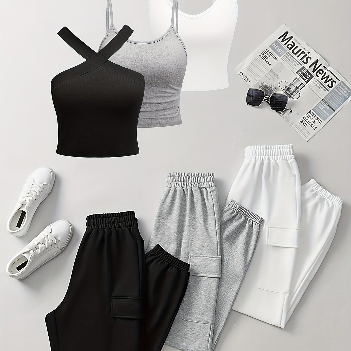 Women's Knit Set 6 Pieces Casual Spring Summer Polyester Blend Crew Neck with Pocket Elastic Waist