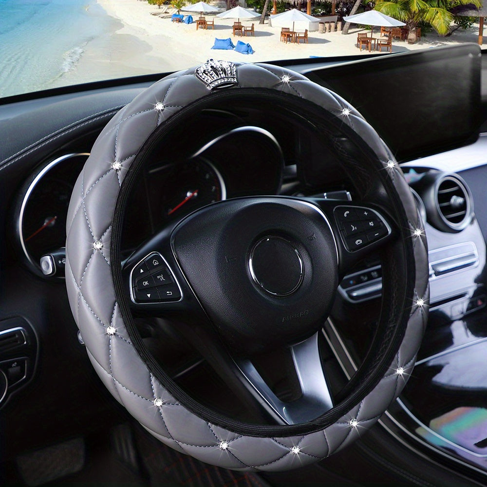 Women's Glittering Artificial Diamond PU Leather Steering Wheel Cover Soft Comfort