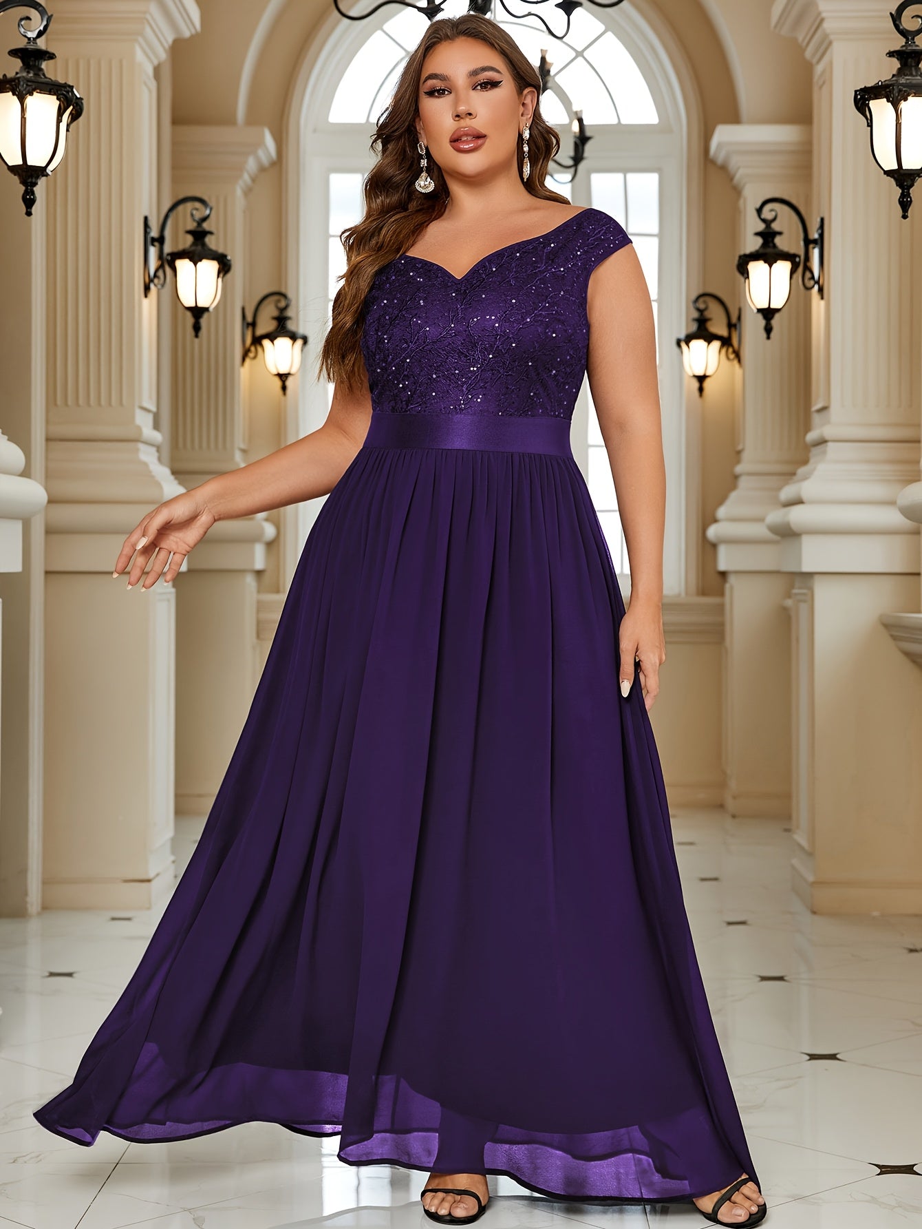 Women's Black Lace Off-Shoulder Gown Floor-Length Fit And Flare Plus Size