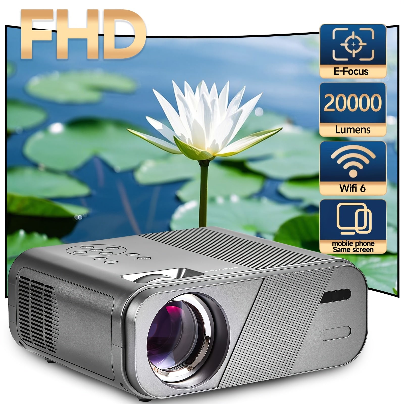 Home Theater Projector 1080P 20000 Lumens Wi-Fi 6 Wireless Screen Mirroring