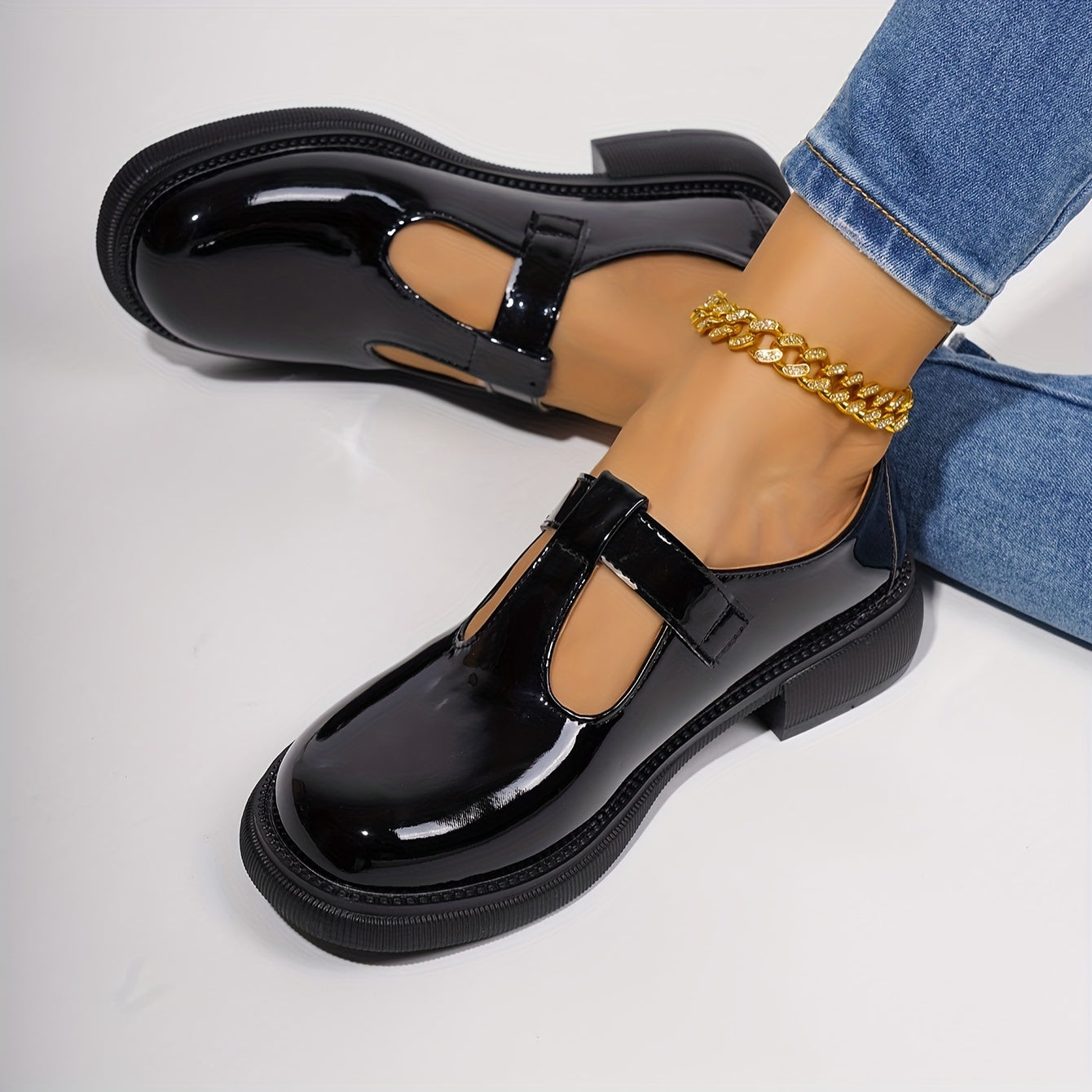 Women's Black Mary Jane Flats Leather Loafers with Round Toe and Rubber Sole