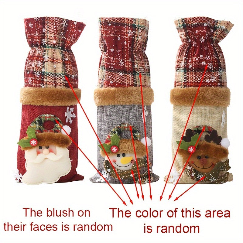 Set of 3 Christmas Wine Bottle Covers Plaid Linen Santa Reindeer Hand Washable Canvas Bags