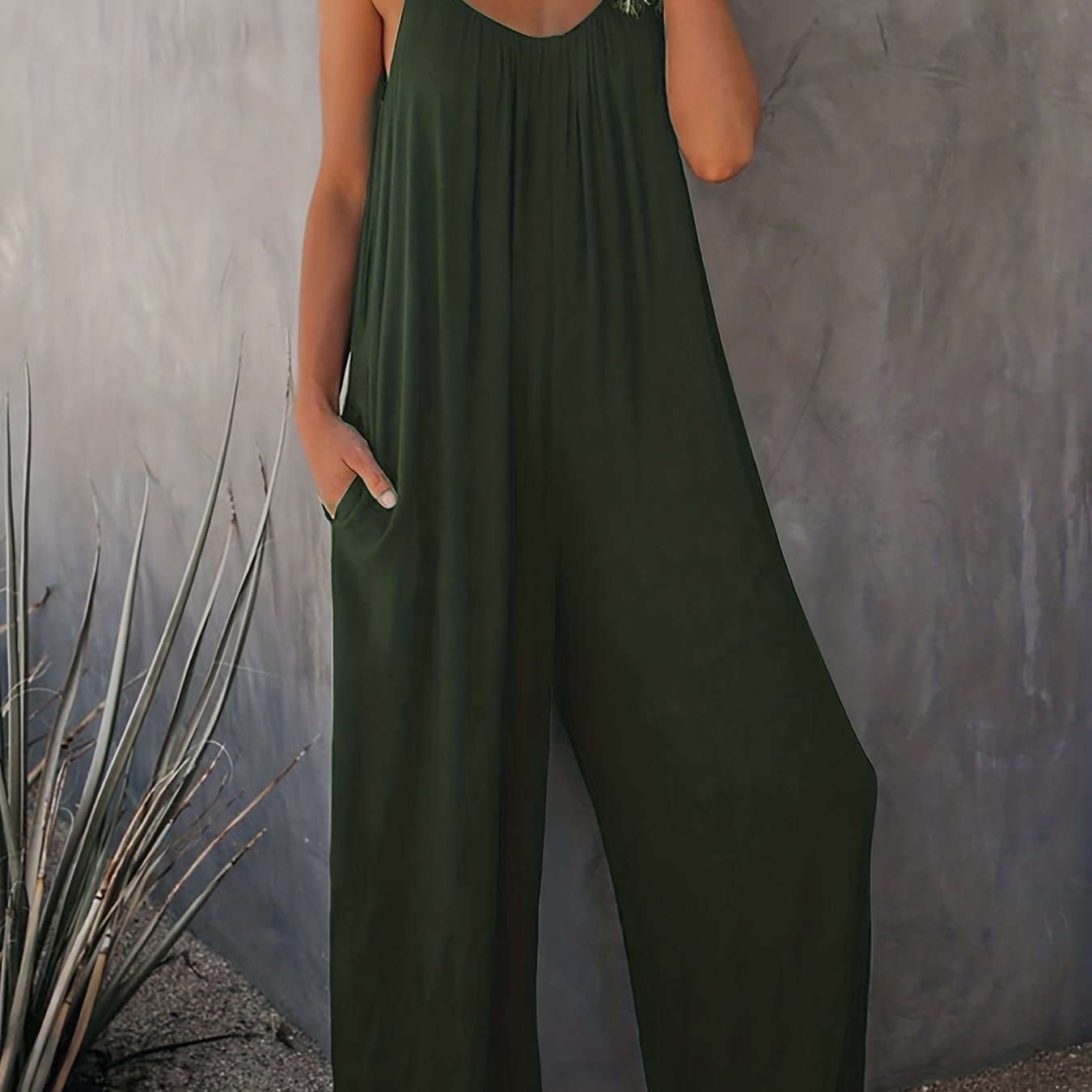 Plus Size Women Solid V Neck Wide Leg Summer Cami Jumpsuit