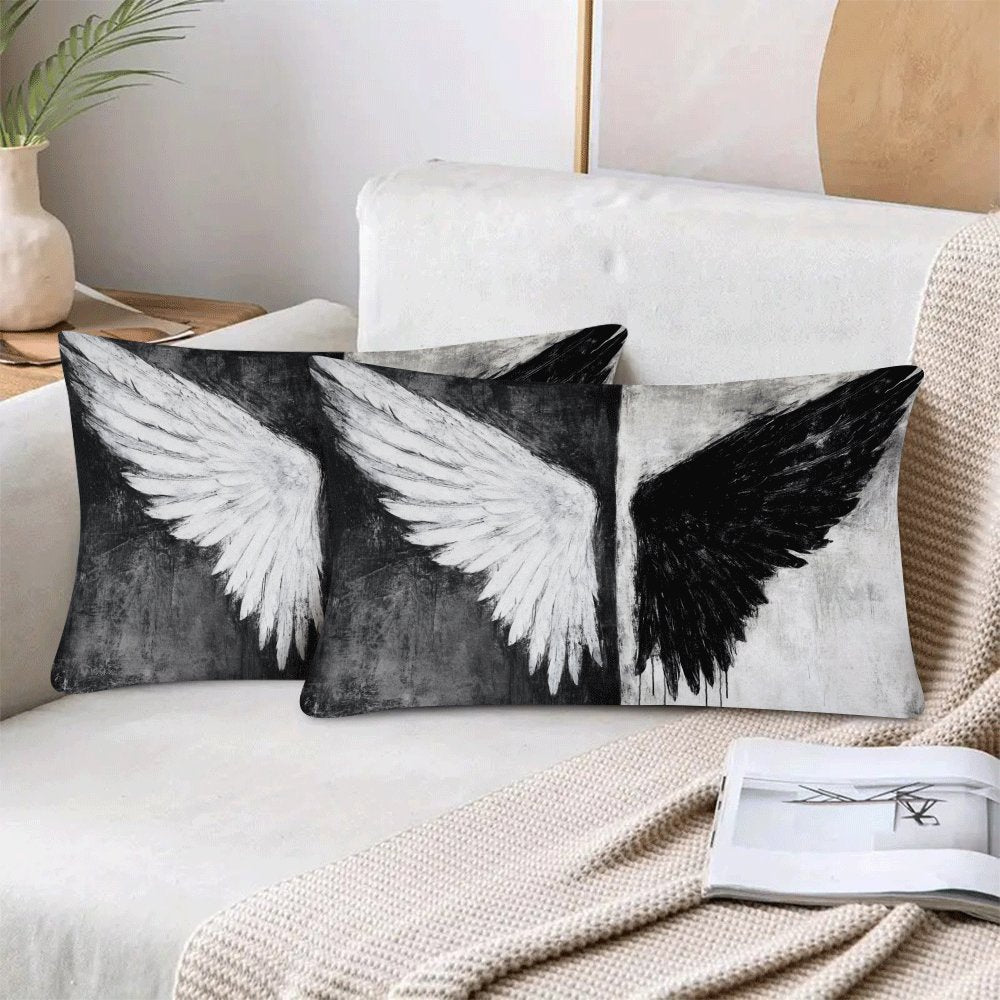 Set of Two Black and White Angel Wings Pillow Covers Polyester Square Cushion Cases Zipper Closure for Sofa Bed Outdoor