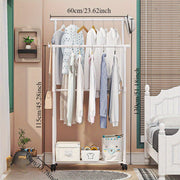 White Metal Clothes Rack with Shoe and Hat Storage, Dual-Pole, Mobile Coat Organizer