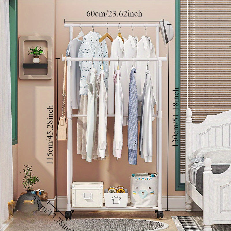 White Metal Clothes Rack with Shoe and Hat Storage, Dual-Pole, Mobile Coat Organizer