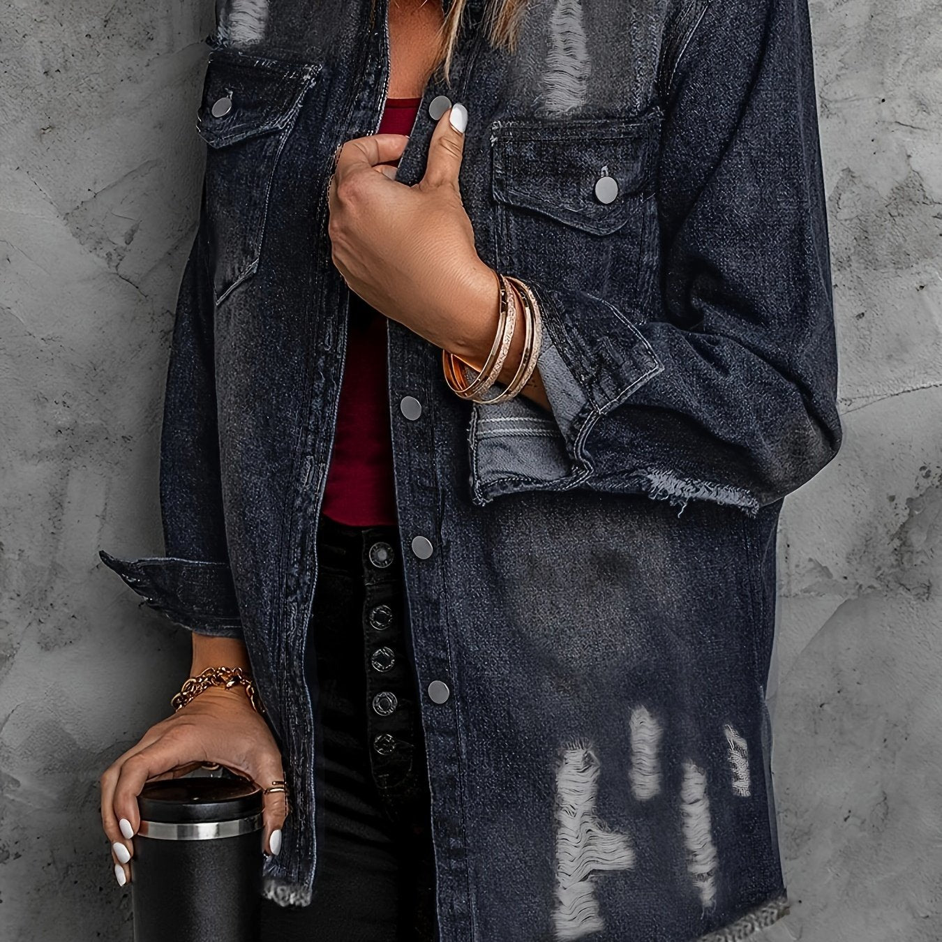 Women's Denim Jacket Washed Distressed Ripped Solid Color Spring Summer Coat