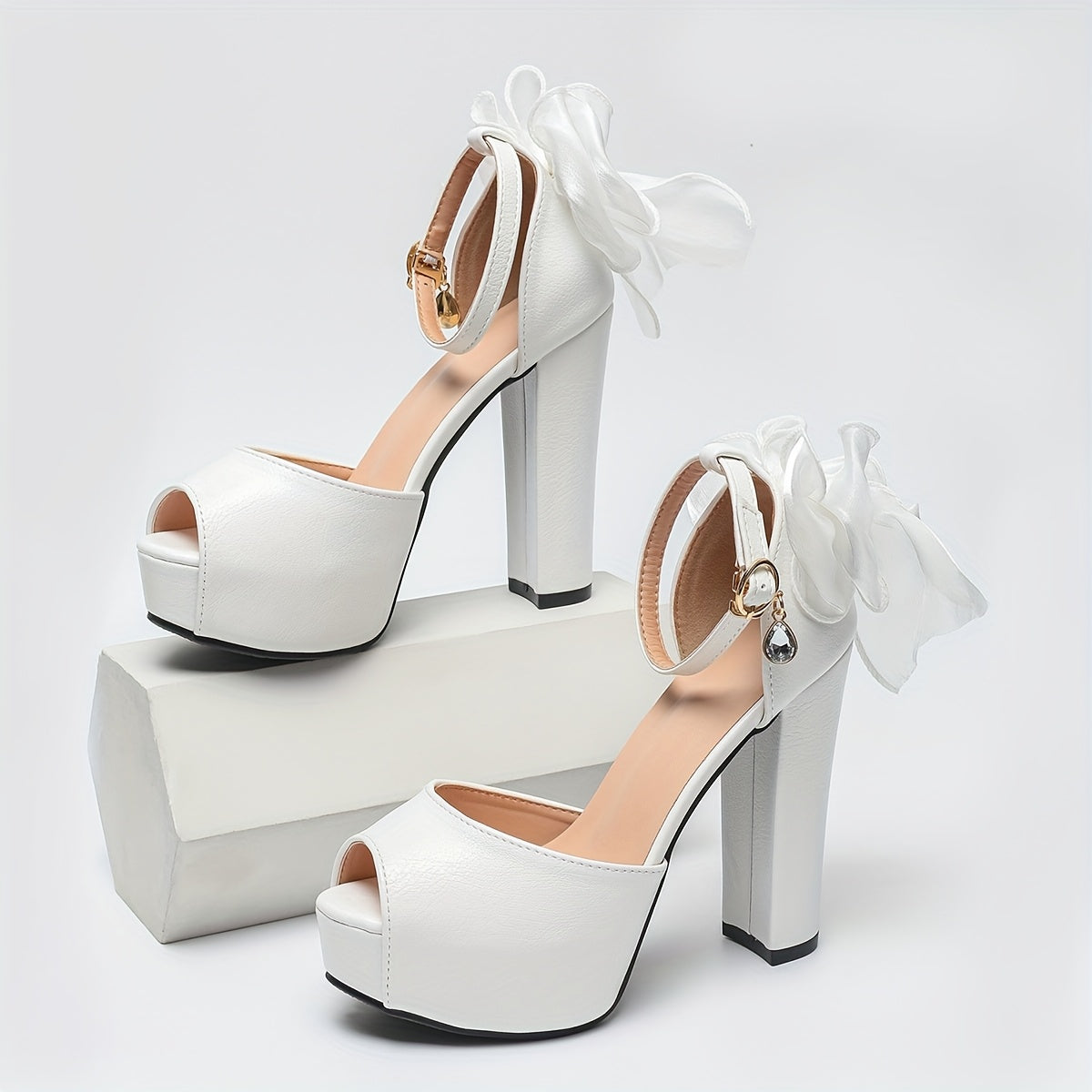 Women's White High-Heeled Shoes with Butterfly Bow, Chunky Heel, Platform Wedge
