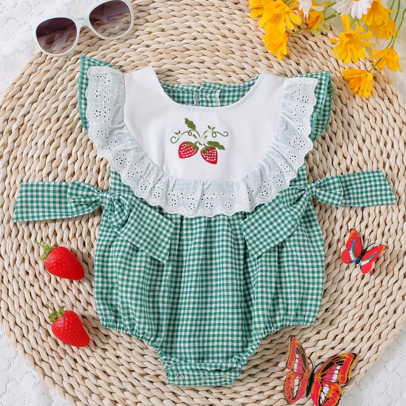Baby Girls Plaid Onesie with Strawberry Embroidery and Bow Details for Casual Outdoor Wear