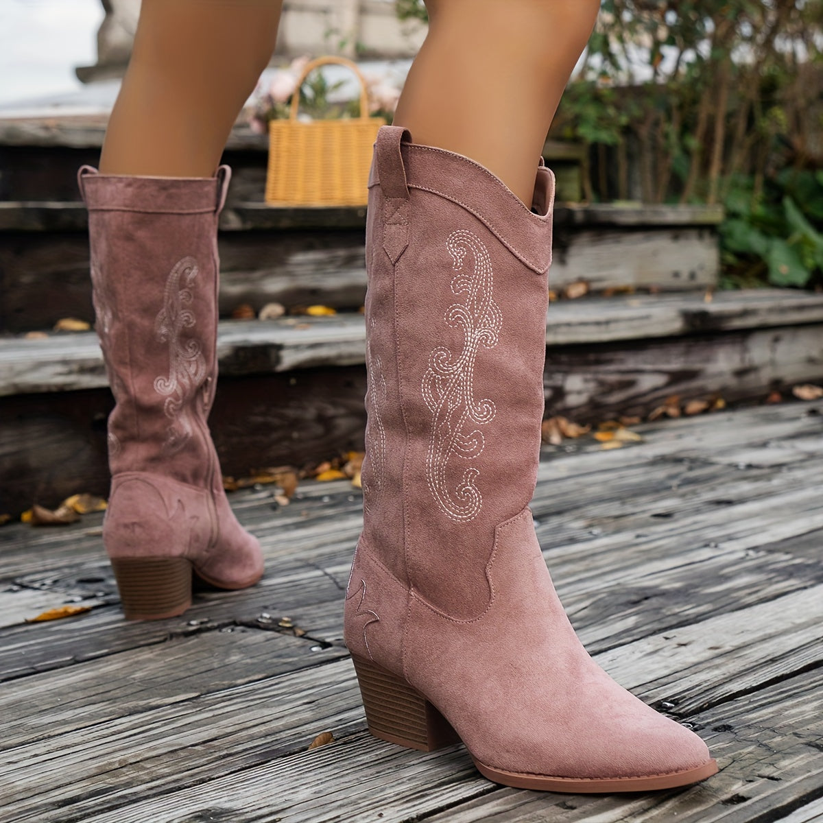 Women's Solid Color Embroidered Boots with Side Zipper Casual Chunky Heel