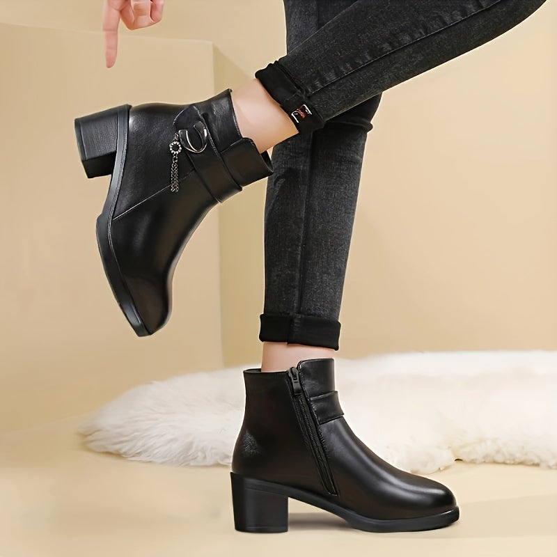 Women's Fleece-Lined Winter Boots Mid-Heel Warm Short Booties Wide Fit