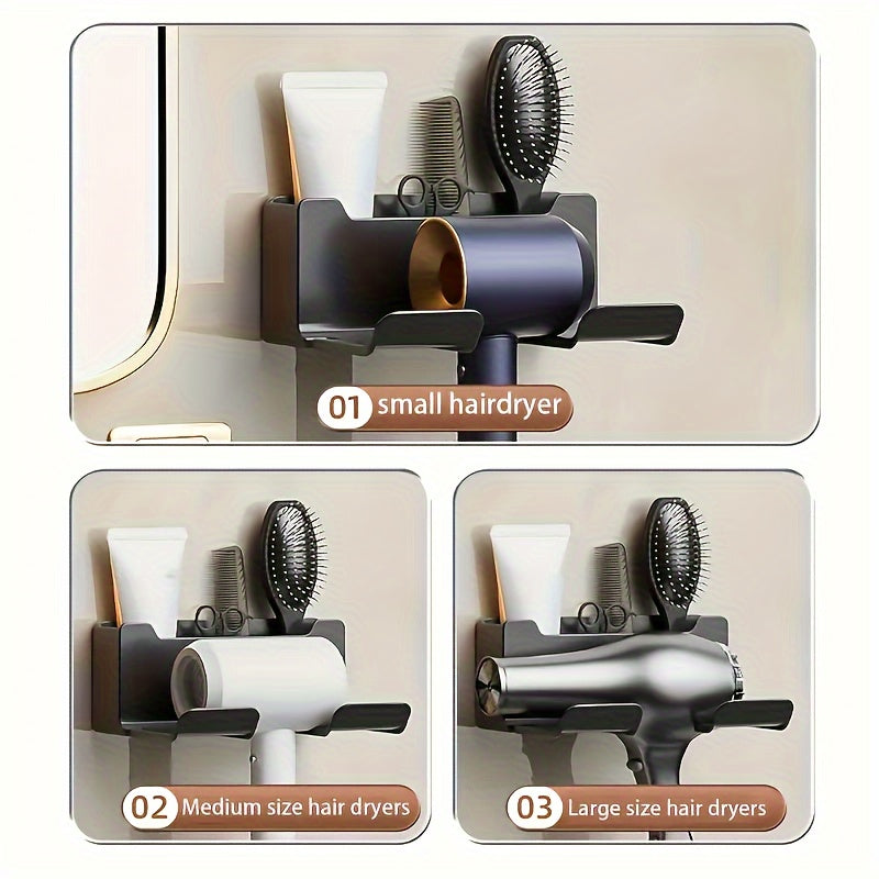 Wall-Mounted Hair Dryer Holder Metal Plastic Space-Saving Bathroom Organizer 16.5x7x12.5cm