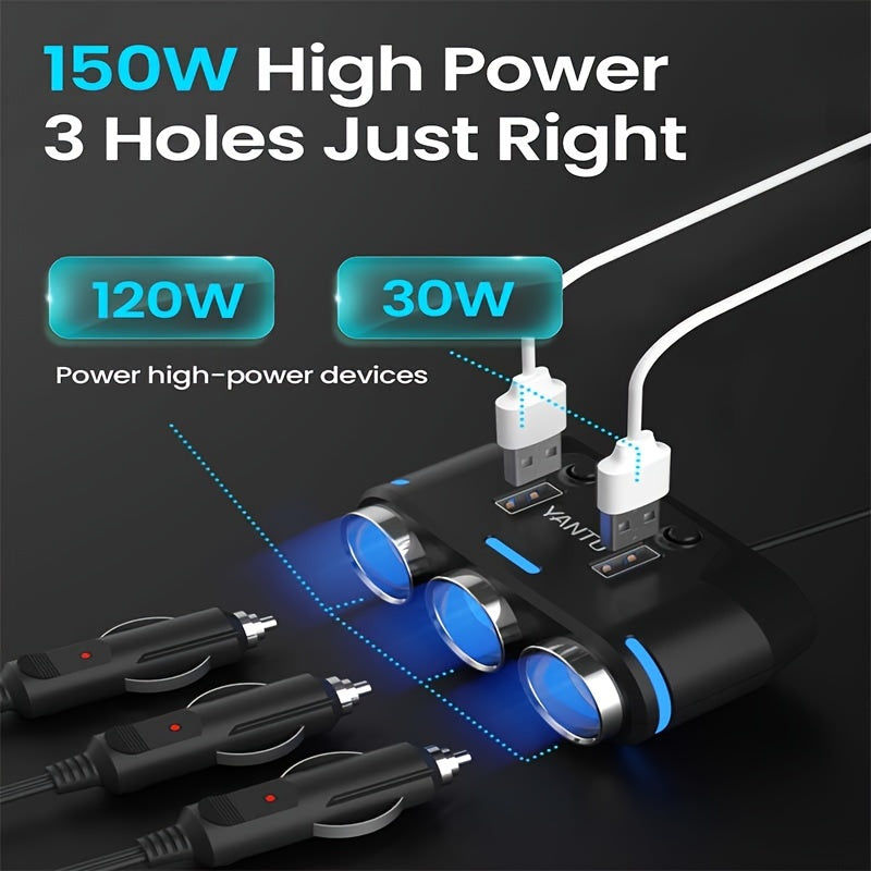 Car 3-Socket Adapter with USB, LED Voltage Meter, On/Off Switch