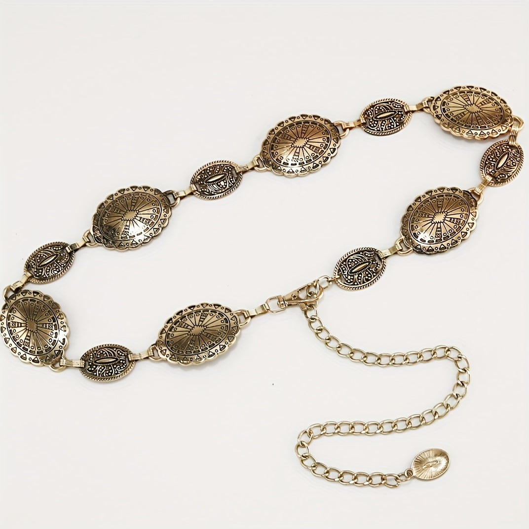 Women's Vintage Bohemian Ethnic Waist Belt with Gold Chain