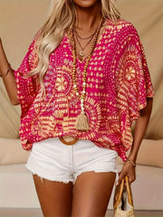 Women's Plus Size Bohemian V-Neck Batwing Top Floral Print Loose Fit Summer Blouse