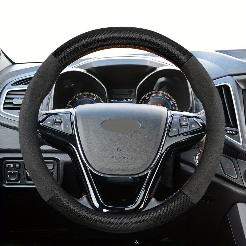 Car Steering Wheel Cover D-Shaped Carbon Fiber Texture Plush Fit 37-38.5cm