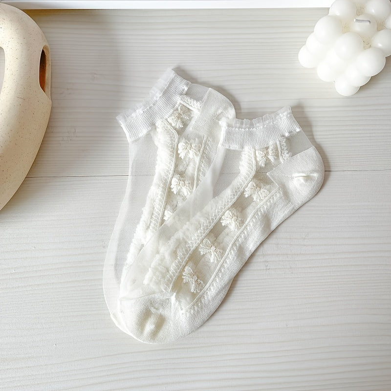 Women’s Ankle Socks Set of 5 Mesh Floral Pattern Ruffle Trim Breathable Hosiery