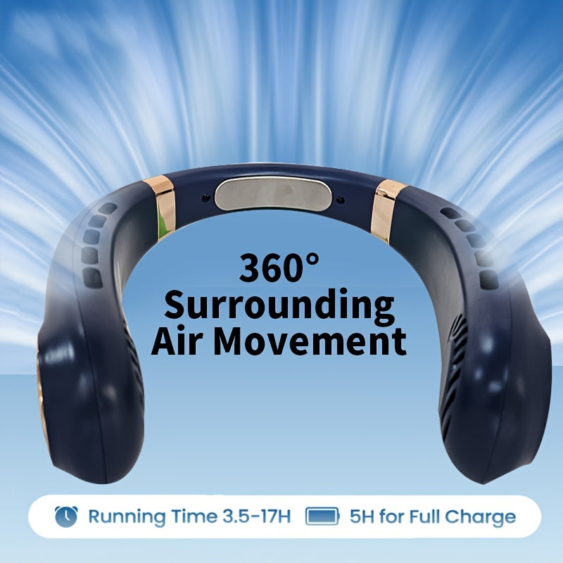Portable USB Rechargeable Neck Fan with Silent Leafless Design, 5-Speed Adjustment for Outdoor Cooling