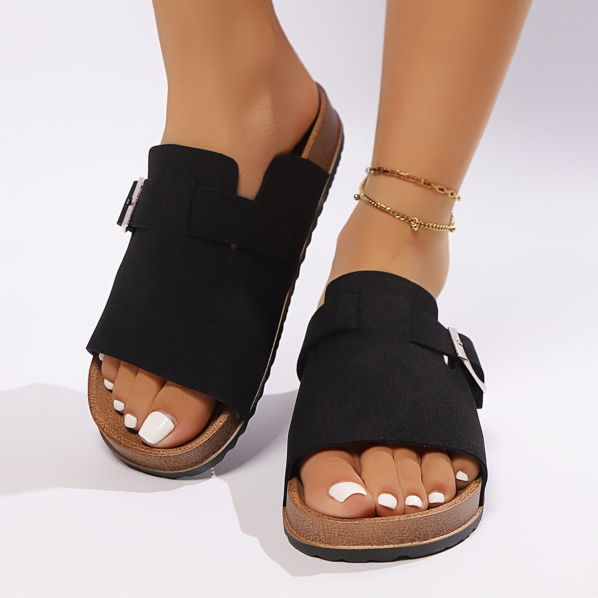 Women's Black Microfiber Mules Clogs with Buckle Strap Spike Heel