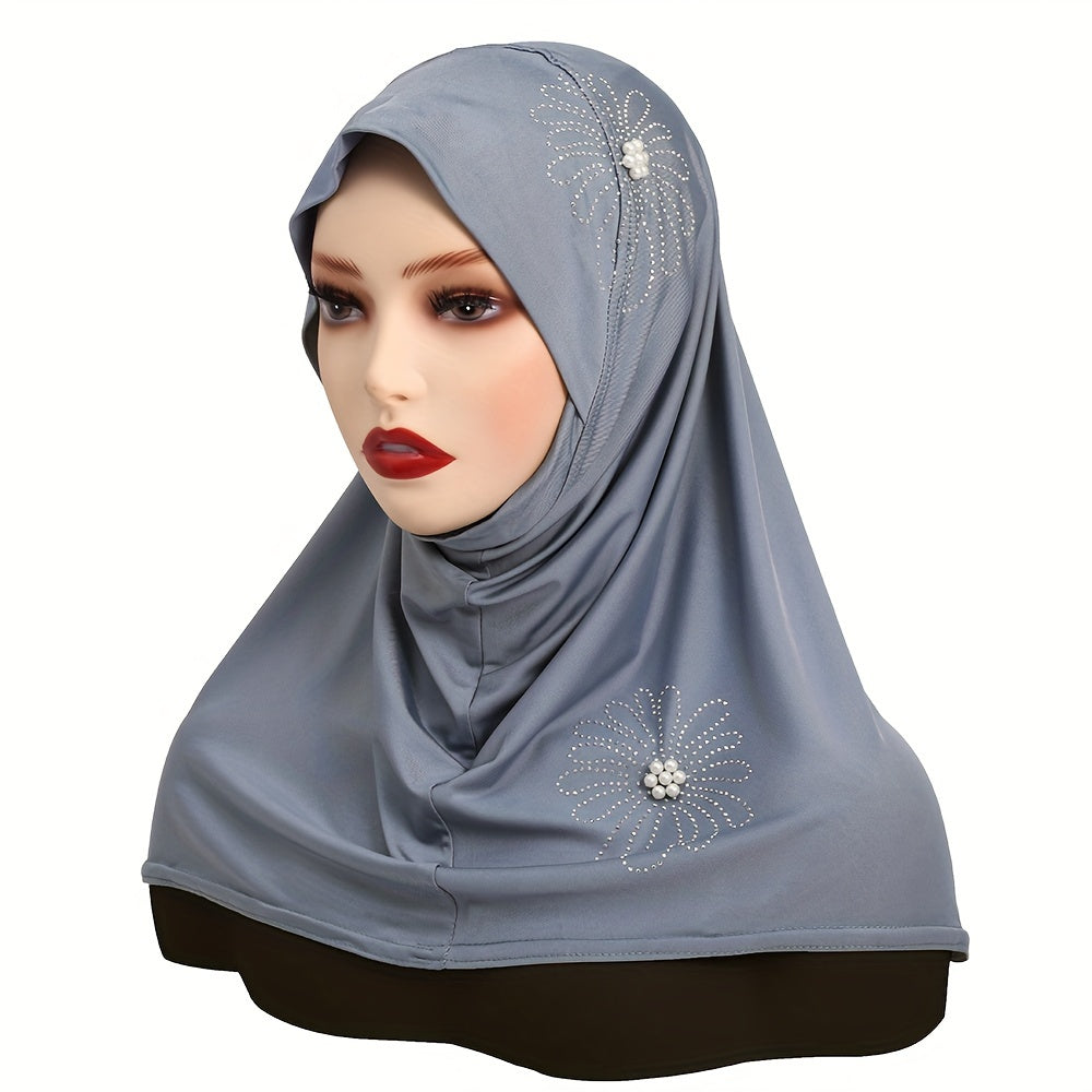 Women's Solid Color Elastic Polyester Hijab with Rhinestone and Pearl Accents