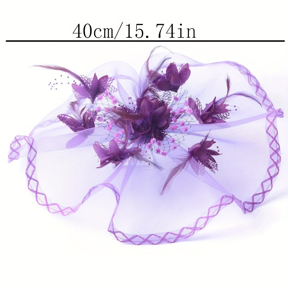 Vintage Fascinator Headwear with Flower Mesh and Faux Feather for Women Tea Party Wedding