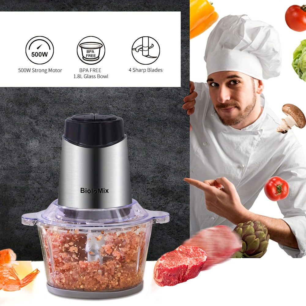 Procesador de alimentos de 500W con picadora de carne, cuenco de vidrio de 1.8L, cuchillas adicionales, enchufe EU