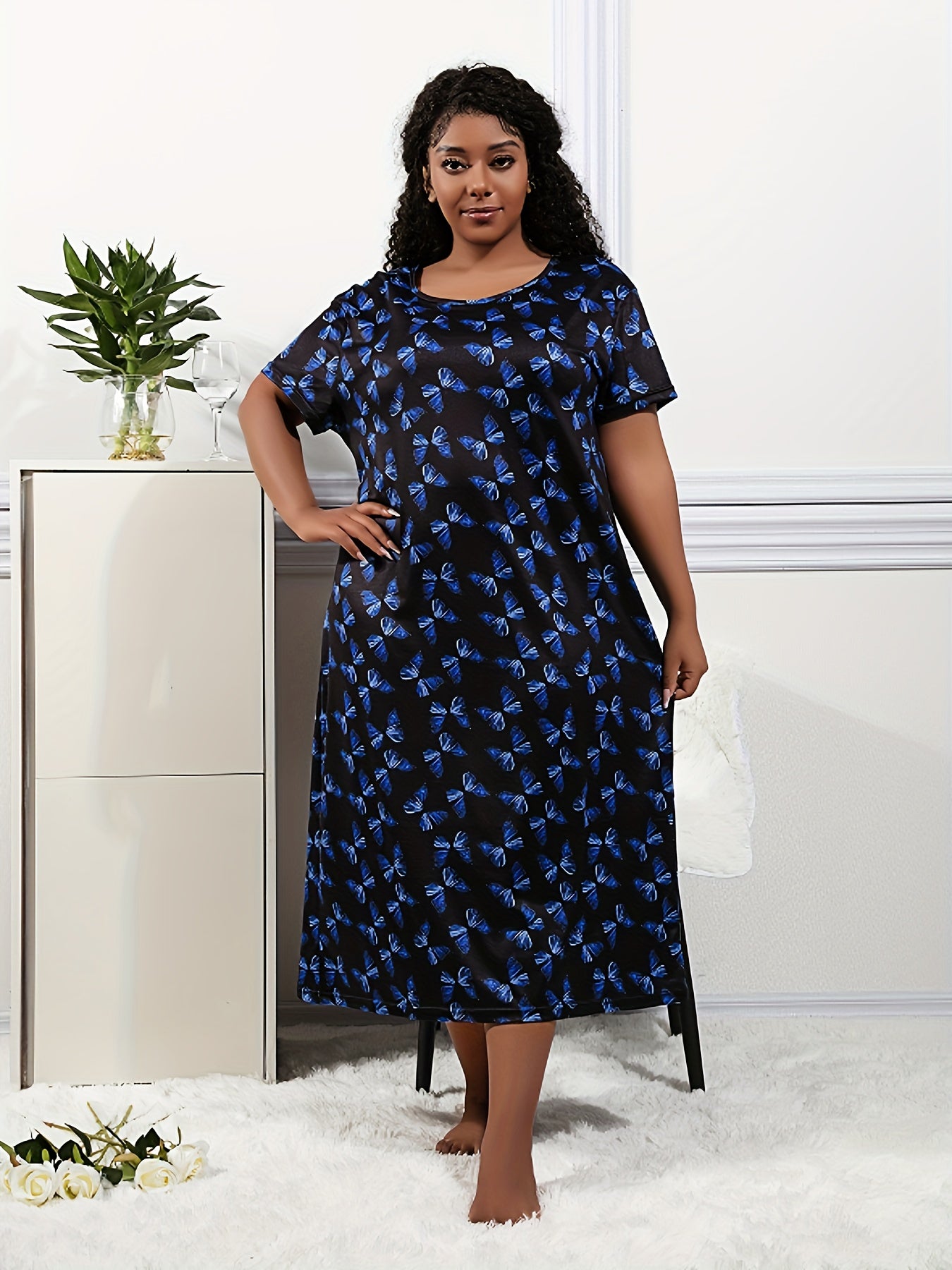 Plus Size Women's Colorful Butterfly Print Sleep Dress Casual Lounge Nightgown