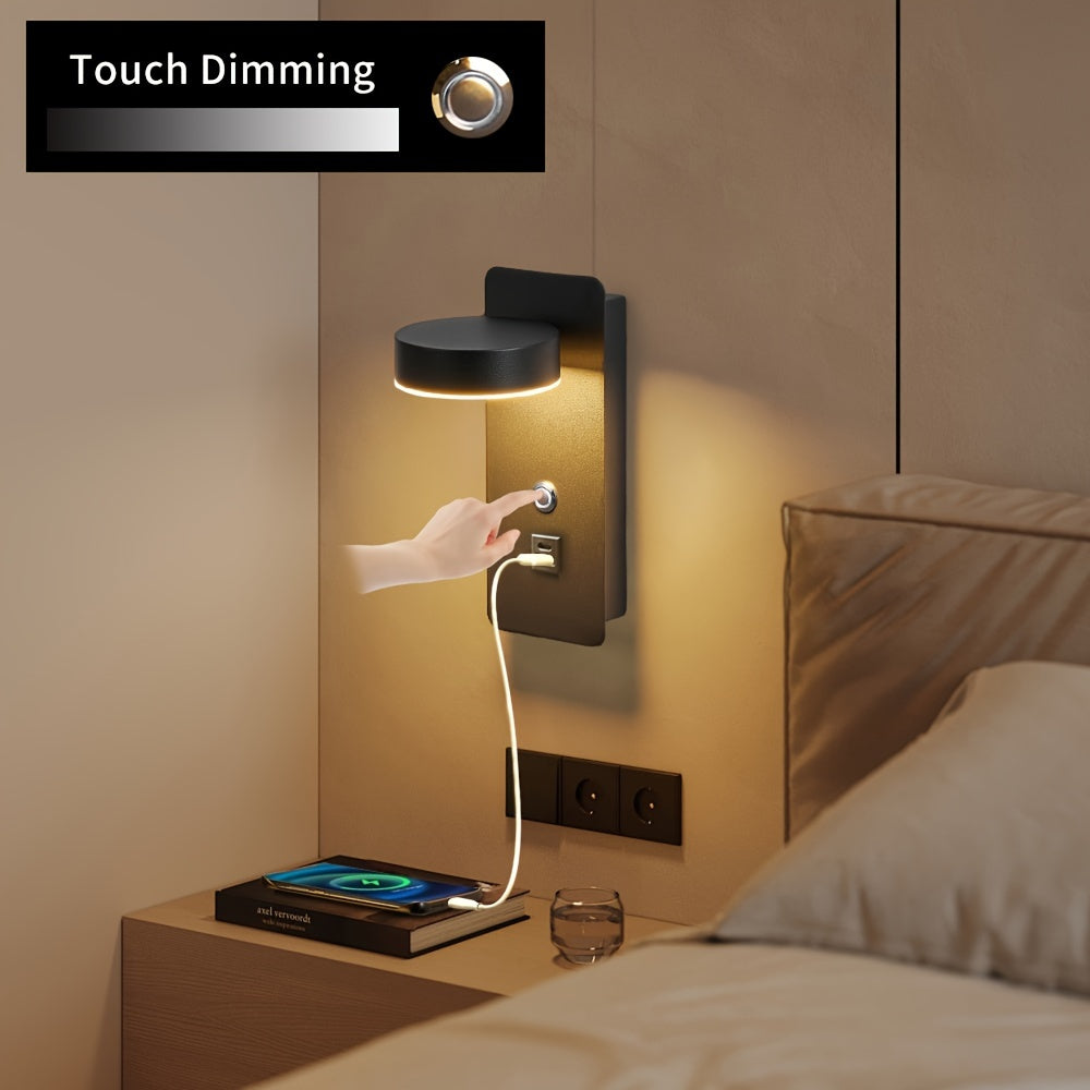 Wall-Mounted LED Reading Lamp with Dimming Switch USB Port 350° Rotatable Touch Control