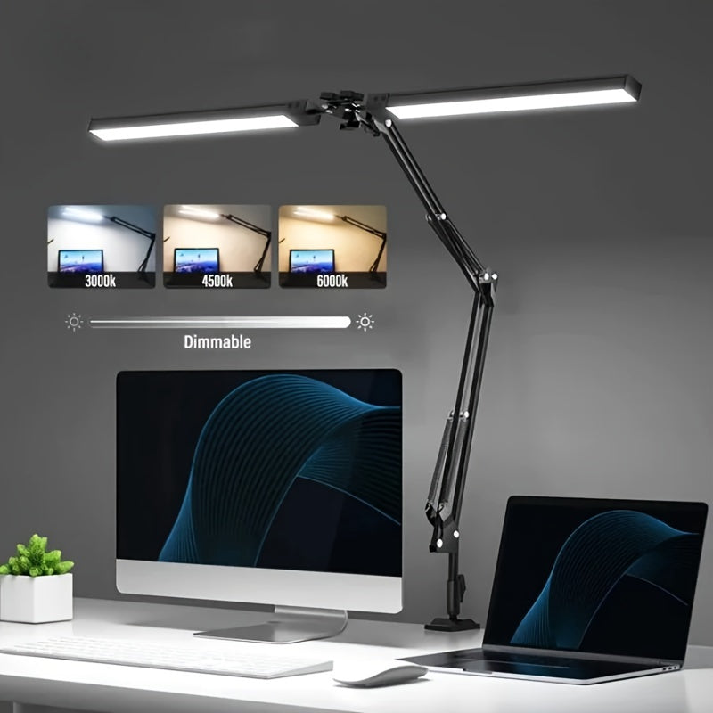 Ultra Wide Double Head LED Desk Lamp Clamp Swing Arm Dimmable USB Powered Black