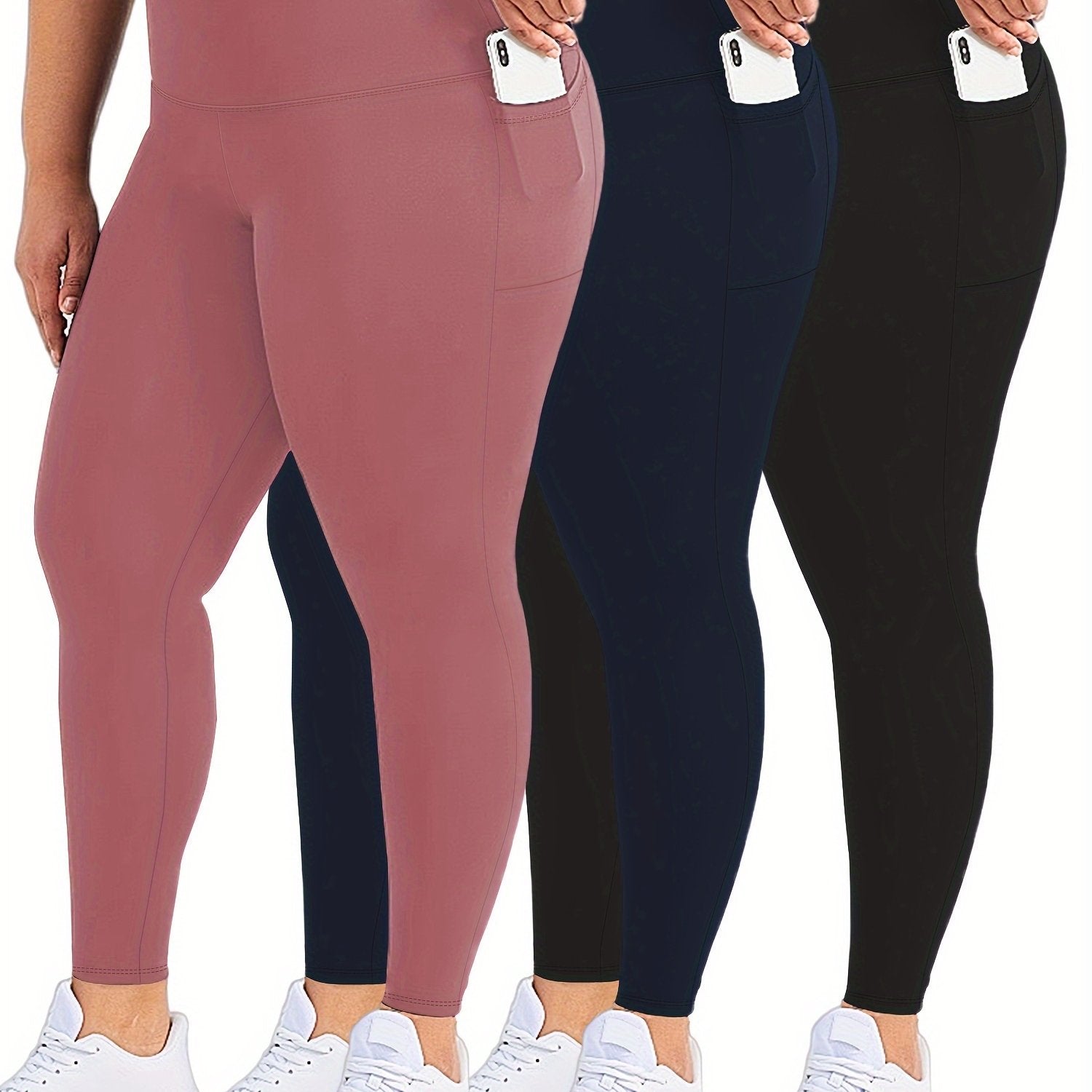 Plus Size Womens Black Pockets High Waisted Tummy Control Leggings Set
